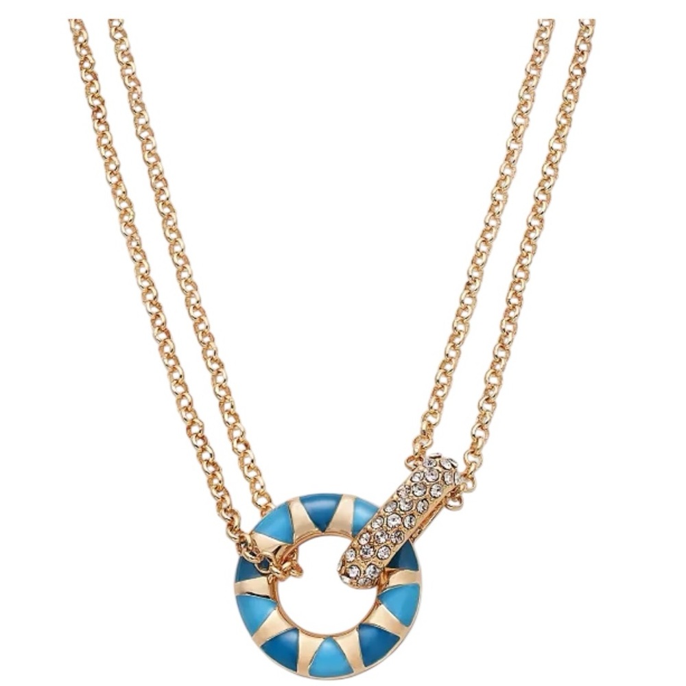 Gold-Tone Blue Enamel Double Chain Necklace with Crystal Accent